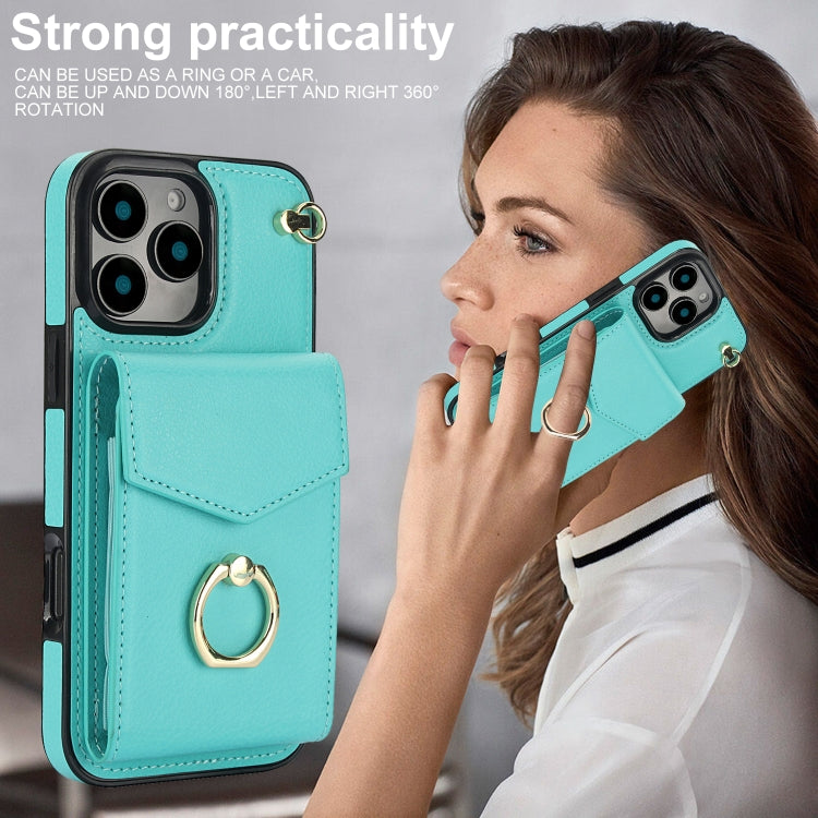 For iPhone 16 Pro Ring Holder RFID Card Slot Phone Case(Mint Green) by buy2fix