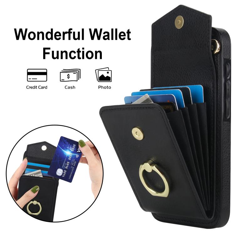 For iPhone 16e Ring Holder RFID Card Slot Phone Case(Black) - iPhone 16e Cases by buy2fix | Online Shopping UK | buy2fix