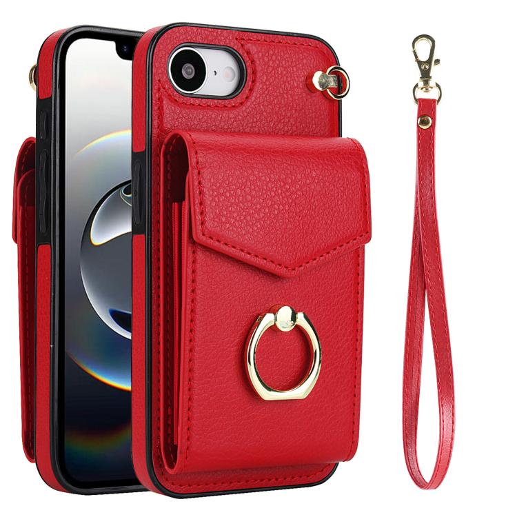 For iPhone 16e Ring Holder RFID Card Slot Phone Case(Red) - iPhone 16e Cases by buy2fix | Online Shopping UK | buy2fix