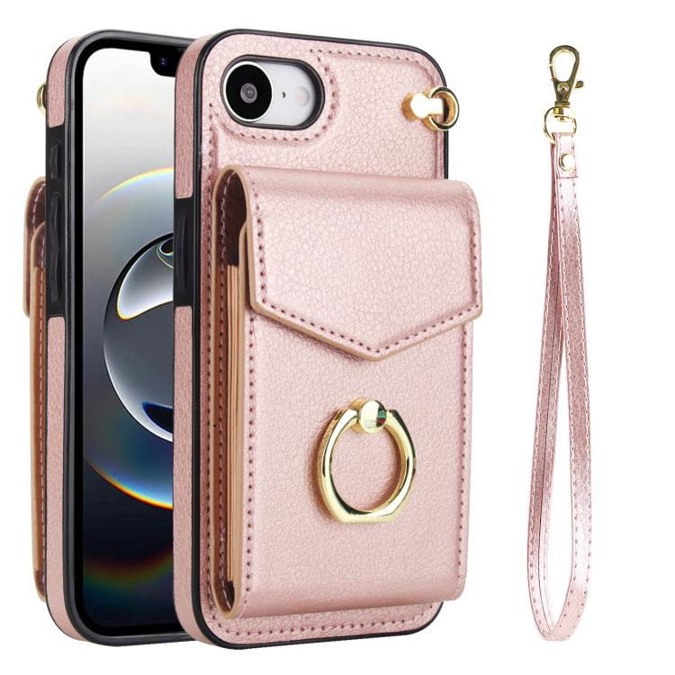 For iPhone 16e Ring Holder RFID Card Slot Phone Case(Rose Gold) - iPhone 16e Cases by buy2fix | Online Shopping UK | buy2fix