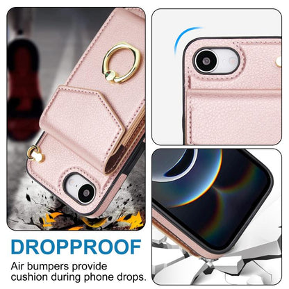 For iPhone 16e Ring Holder RFID Card Slot Phone Case(Rose Gold) - iPhone 16e Cases by buy2fix | Online Shopping UK | buy2fix