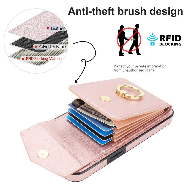 For iPhone 16e Ring Holder RFID Card Slot Phone Case(Rose Gold) - iPhone 16e Cases by buy2fix | Online Shopping UK | buy2fix