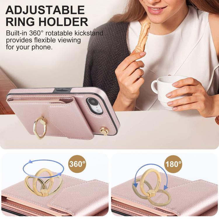 For iPhone 16e Ring Holder RFID Card Slot Phone Case(Rose Gold) - iPhone 16e Cases by buy2fix | Online Shopping UK | buy2fix