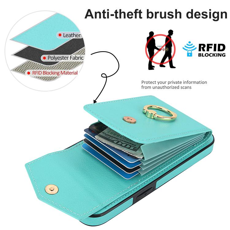For iPhone 16e Ring Holder RFID Card Slot Phone Case(Mint Green) - iPhone 16e Cases by buy2fix | Online Shopping UK | buy2fix