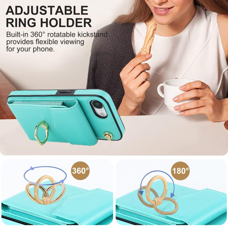 For iPhone 16e Ring Holder RFID Card Slot Phone Case(Mint Green) - iPhone 16e Cases by buy2fix | Online Shopping UK | buy2fix