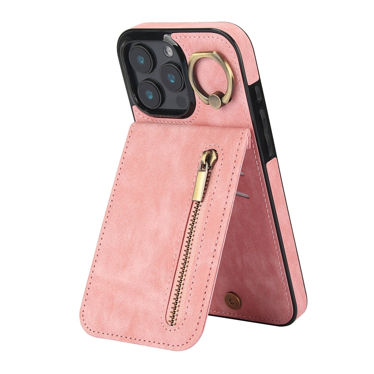 For iPhone 16 Pro Max Retro Ring and Zipper RFID Card Slot Phone Case(Pink) by buy2fix