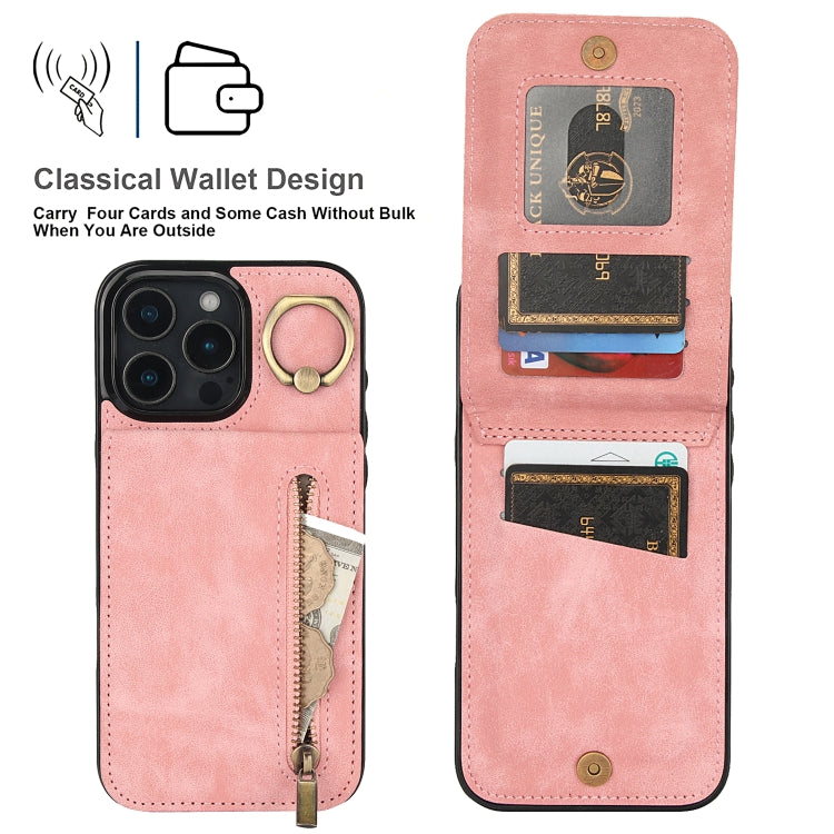 For iPhone 16 Pro Max Retro Ring and Zipper RFID Card Slot Phone Case(Pink) by buy2fix