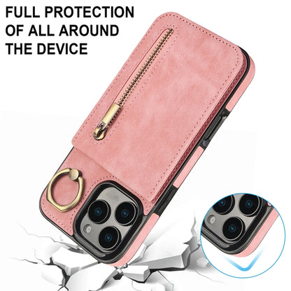 For iPhone 16 Pro Max Retro Ring and Zipper RFID Card Slot Phone Case(Pink) by buy2fix