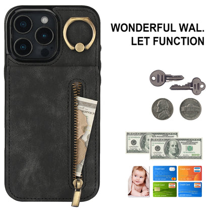 For iPhone 16 Pro Max Retro Ring and Zipper RFID Card Slot Phone Case(Black) by buy2fix