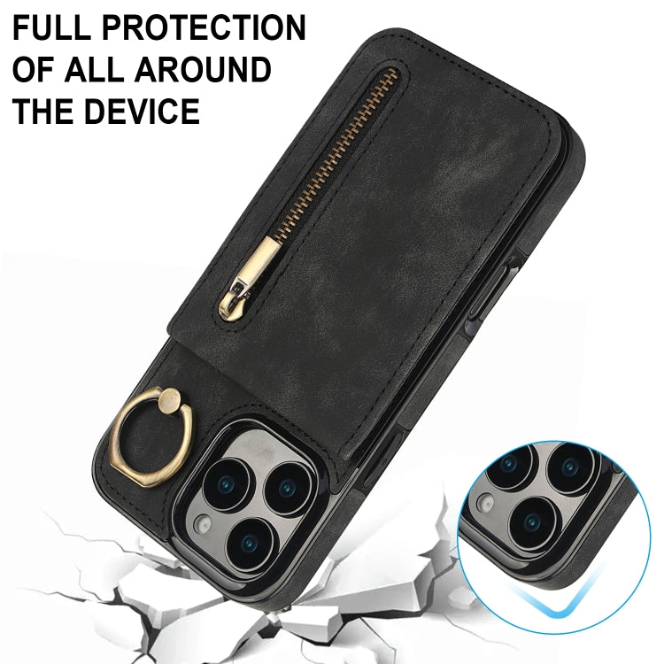 For iPhone 16 Pro Max Retro Ring and Zipper RFID Card Slot Phone Case(Black) by buy2fix