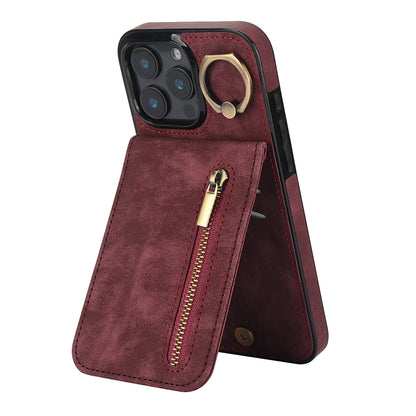 For iPhone 16 Pro Max Retro Ring and Zipper RFID Card Slot Phone Case(Wine Red) by buy2fix