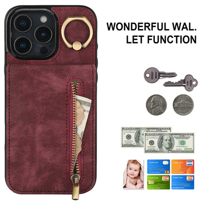 For iPhone 16 Pro Max Retro Ring and Zipper RFID Card Slot Phone Case(Wine Red) by buy2fix