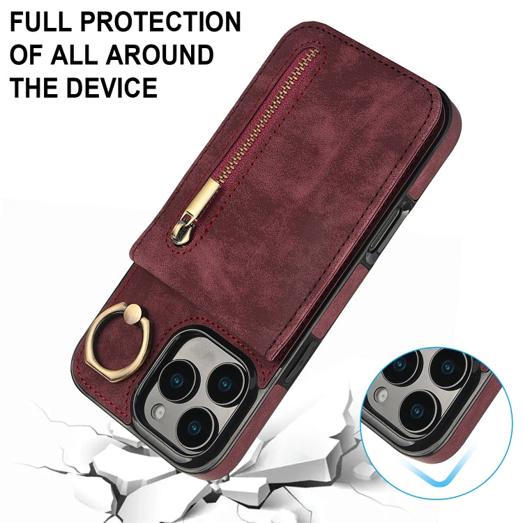 For iPhone 16 Pro Max Retro Ring and Zipper RFID Card Slot Phone Case(Wine Red) by buy2fix
