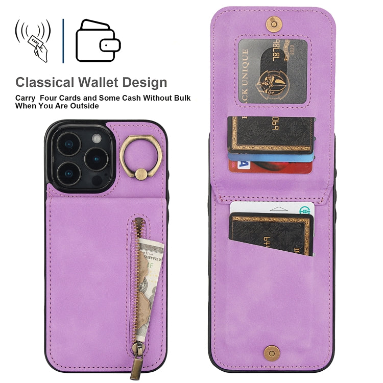 For iPhone 16 Pro Max Retro Ring and Zipper RFID Card Slot Phone Case(Purple) by buy2fix