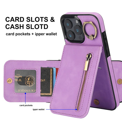 For iPhone 16 Pro Max Retro Ring and Zipper RFID Card Slot Phone Case(Purple) by buy2fix