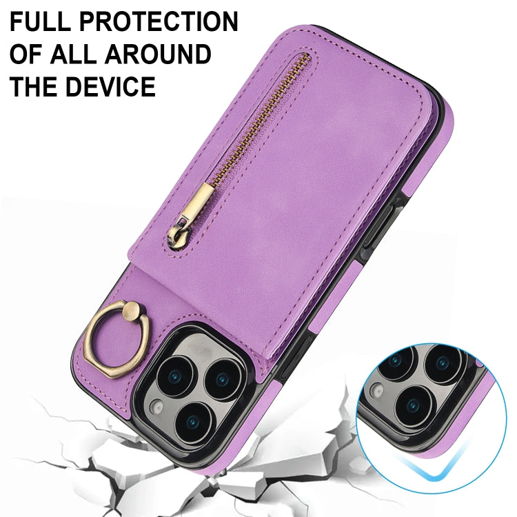 For iPhone 16 Pro Max Retro Ring and Zipper RFID Card Slot Phone Case(Purple) by buy2fix