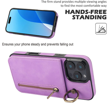 For iPhone 16 Pro Max Retro Ring and Zipper RFID Card Slot Phone Case(Purple) by buy2fix
