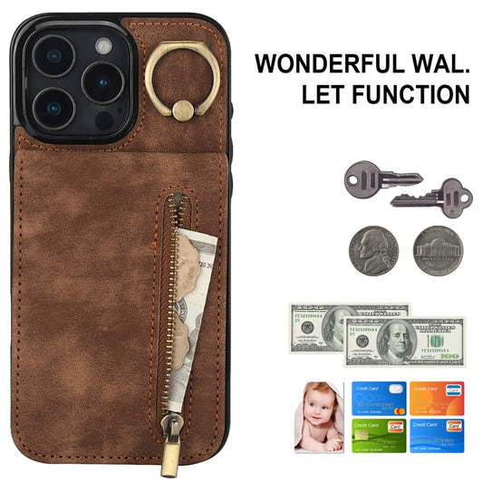 For iPhone 16 Pro Max Retro Ring and Zipper RFID Card Slot Phone Case(Brown) by buy2fix