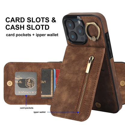 For iPhone 16 Pro Max Retro Ring and Zipper RFID Card Slot Phone Case(Brown) by buy2fix