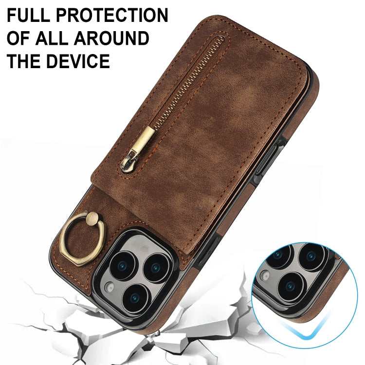 For iPhone 16 Pro Max Retro Ring and Zipper RFID Card Slot Phone Case(Brown) by buy2fix