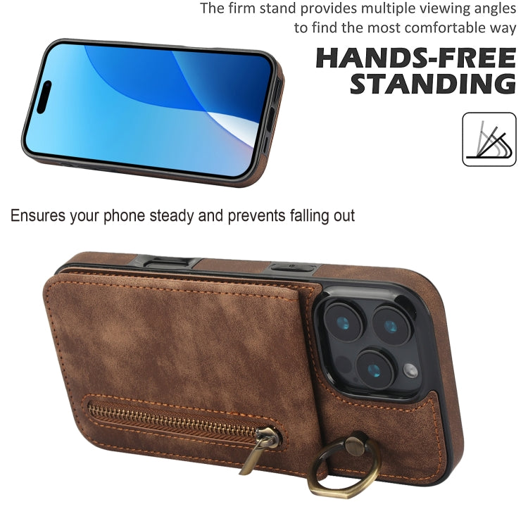 For iPhone 16 Pro Max Retro Ring and Zipper RFID Card Slot Phone Case(Brown) by buy2fix