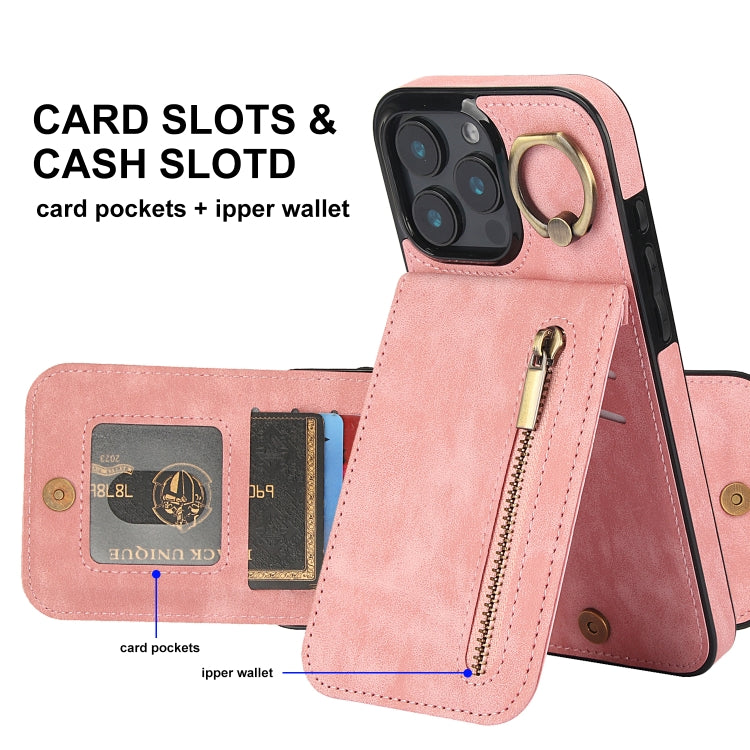 For iPhone 16 Pro Retro Ring and Zipper RFID Card Slot Phone Case(Pink) by buy2fix