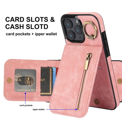 For iPhone 16 Pro Retro Ring and Zipper RFID Card Slot Phone Case(Pink) by buy2fix