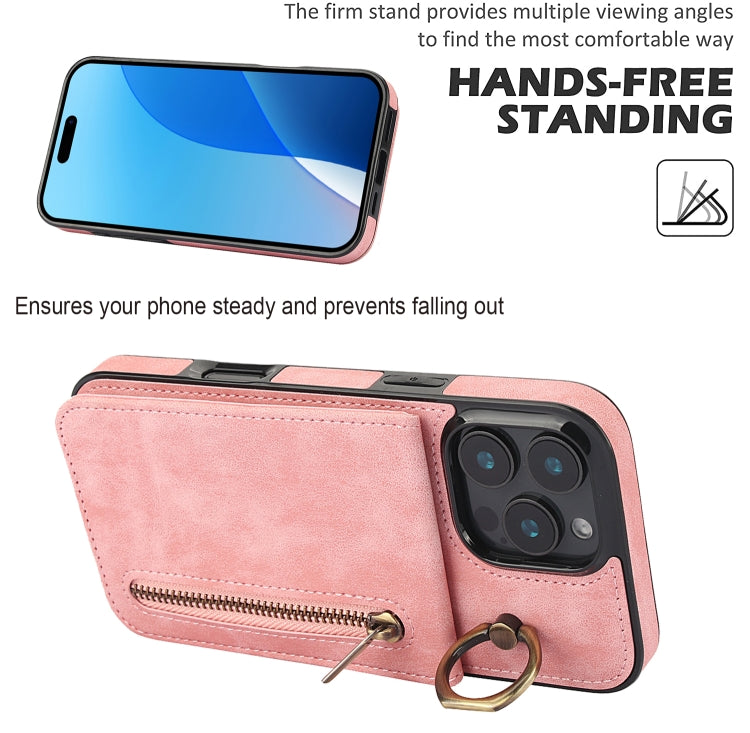 For iPhone 16 Pro Retro Ring and Zipper RFID Card Slot Phone Case(Pink) by buy2fix