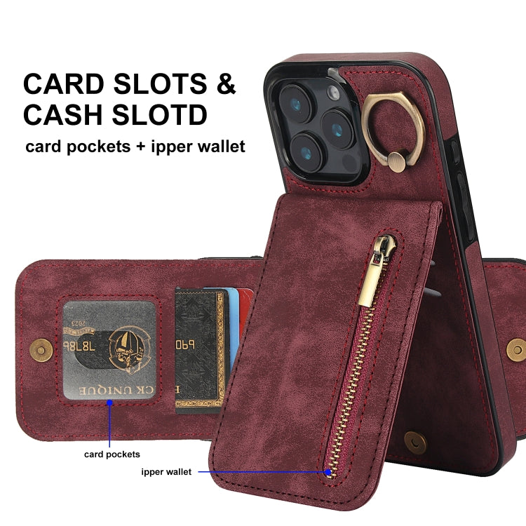 For iPhone 16 Pro Retro Ring and Zipper RFID Card Slot Phone Case(Wine Red) by buy2fix