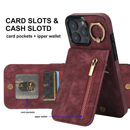 For iPhone 16 Pro Retro Ring and Zipper RFID Card Slot Phone Case(Wine Red) by buy2fix