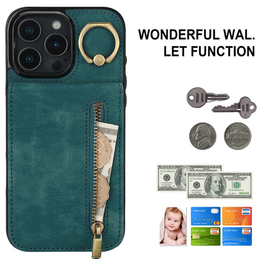 For iPhone 16 Pro Retro Ring and Zipper RFID Card Slot Phone Case(Blue) by buy2fix