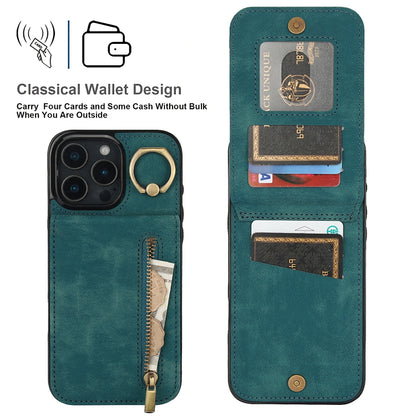 For iPhone 16 Pro Retro Ring and Zipper RFID Card Slot Phone Case(Blue) by buy2fix