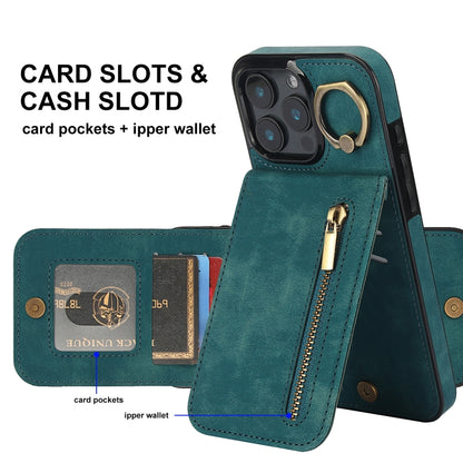 For iPhone 16 Pro Retro Ring and Zipper RFID Card Slot Phone Case(Blue) by buy2fix