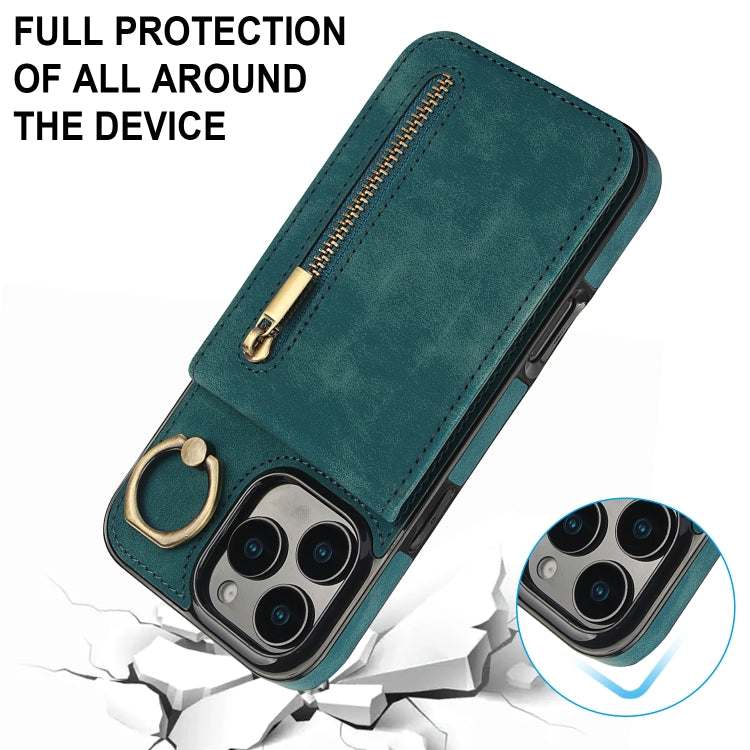 For iPhone 16 Pro Retro Ring and Zipper RFID Card Slot Phone Case(Blue) by buy2fix