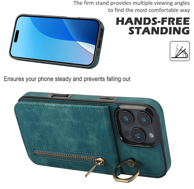 For iPhone 16 Pro Retro Ring and Zipper RFID Card Slot Phone Case(Blue) by buy2fix