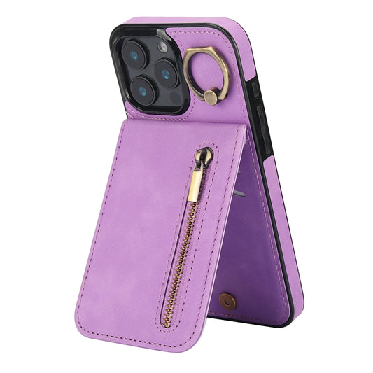 For iPhone 16 Pro Retro Ring and Zipper RFID Card Slot Phone Case(Purple) by buy2fix