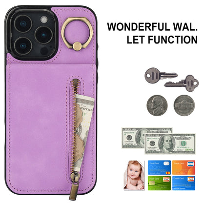 For iPhone 16 Pro Retro Ring and Zipper RFID Card Slot Phone Case(Purple) by buy2fix