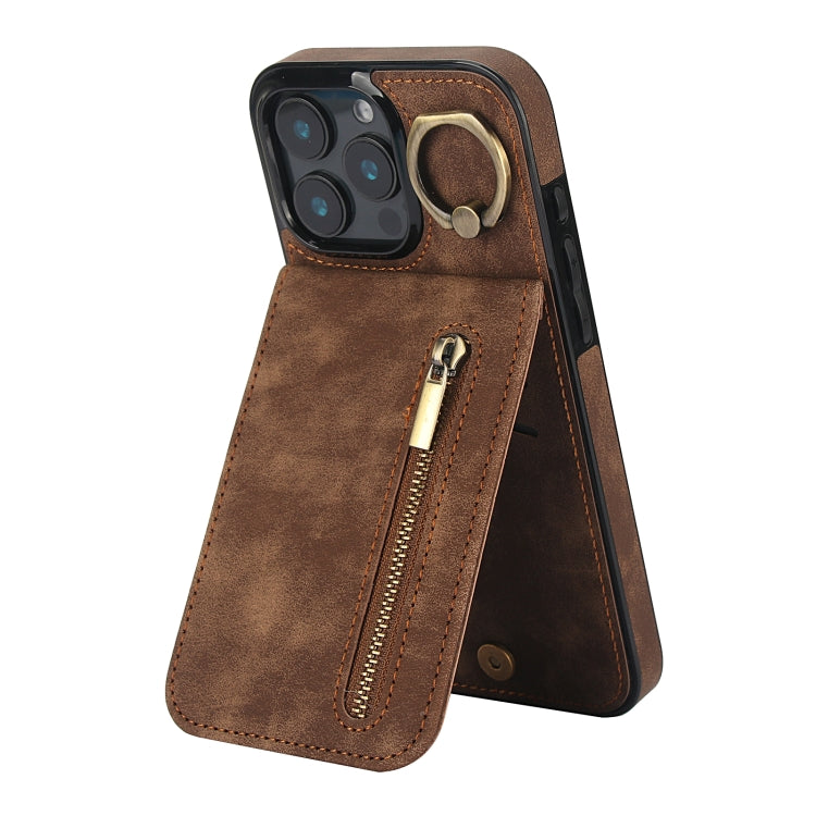 For iPhone 16 Pro Retro Ring and Zipper RFID Card Slot Phone Case(Brown) by buy2fix