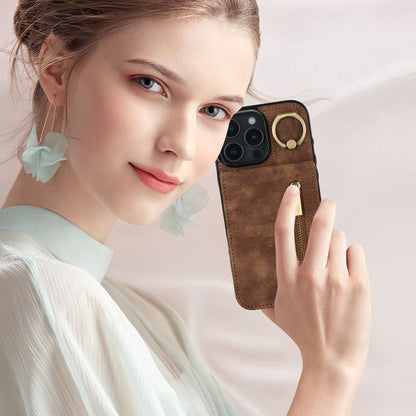 For iPhone 16 Pro Retro Ring and Zipper RFID Card Slot Phone Case(Brown) by buy2fix