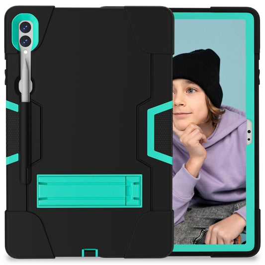 For Samsung Galaxy Tab S9+ Contrast Color Silicone PC Tablet Case with Holder(Black + Mint Green) - Galaxy Tab S9+ Cases by buy2fix | Online Shopping UK | buy2fix