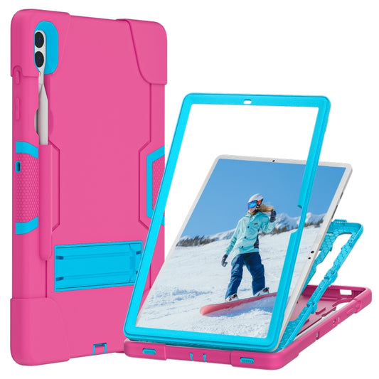 For Samsung Galaxy Tab S9+ Contrast Color Silicone PC Tablet Case with Holder(Rose Red + Blue) - Galaxy Tab S9+ Cases by buy2fix | Online Shopping UK | buy2fix