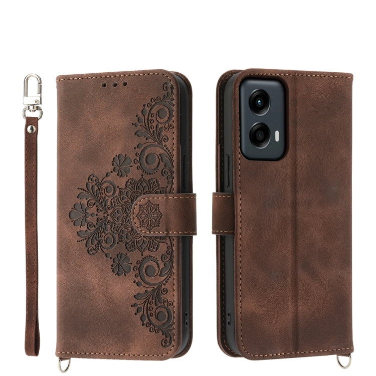 For Motorola Moto G Stylus 5G 2024 Skin Feel Flowers Embossed Wallet Leather Phone Case(Brown) by buy2fix