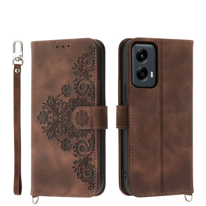 For Motorola Moto G Stylus 5G 2024 Skin Feel Flowers Embossed Wallet Leather Phone Case(Brown) by buy2fix