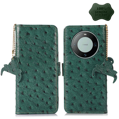 For Huawei Mate 60 Pro Ostrich Pattern Genuine Leather RFID Phone Case(Green) - Huawei Cases by buy2fix | Online Shopping UK | buy2fix