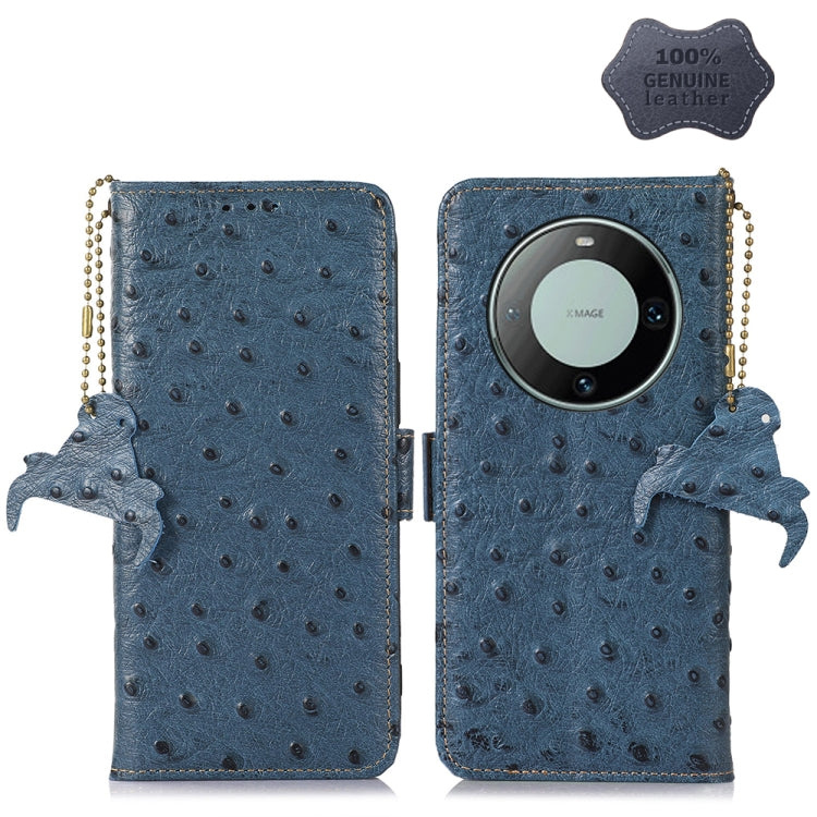 For Huawei Mate 60 Pro Ostrich Pattern Genuine Leather RFID Phone Case(Blue) - Huawei Cases by buy2fix | Online Shopping UK | buy2fix