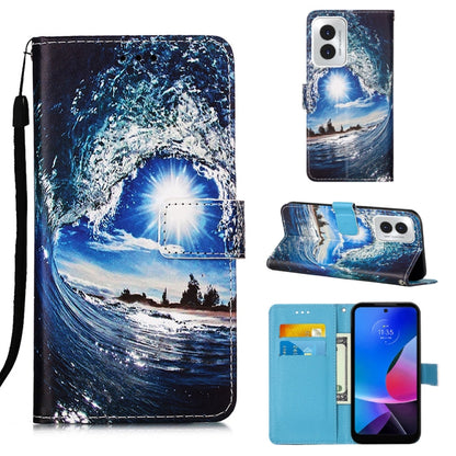 For Motorola Moto G Play 4G 2024 Colored Drawing Pattern Plain Weave Leather Phone Case(Waves And Sun) by buy2fix