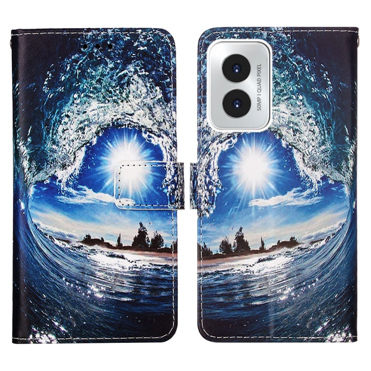 For Motorola Moto G Play 4G 2024 Colored Drawing Pattern Plain Weave Leather Phone Case(Waves And Sun) by buy2fix