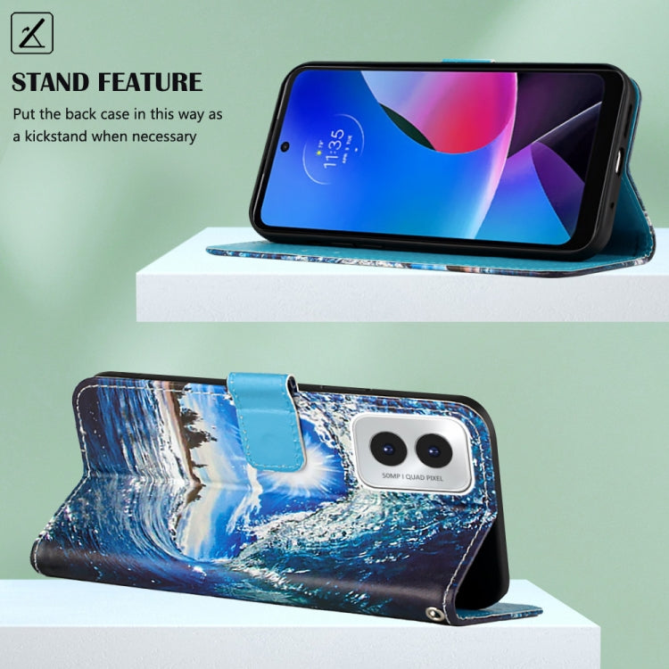 For Motorola Moto G Play 4G 2024 Colored Drawing Pattern Plain Weave Leather Phone Case(Waves And Sun) by buy2fix