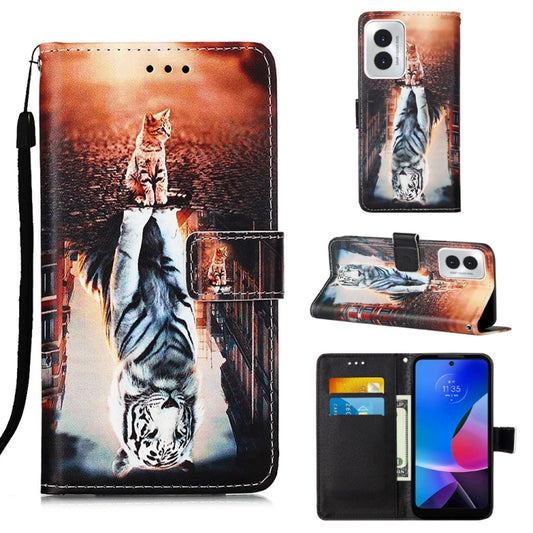 For Motorola Moto G Play 4G 2024 Colored Drawing Pattern Plain Weave Leather Phone Case(Cats And Tigers) by buy2fix