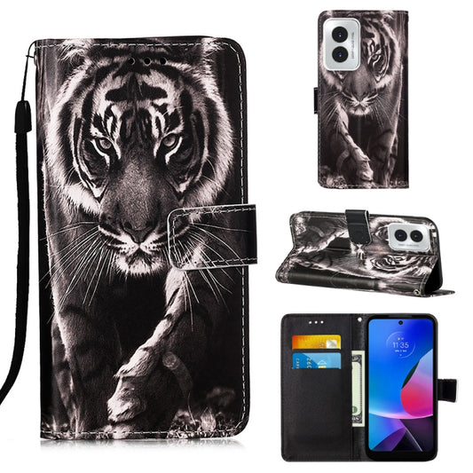 For Motorola Moto G Play 4G 2024 Colored Drawing Pattern Plain Weave Leather Phone Case(Black And White Tiger) by buy2fix